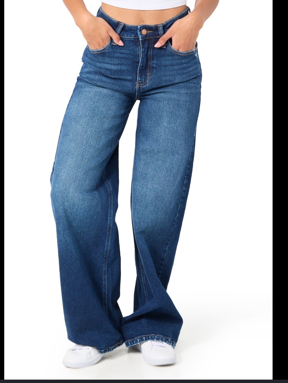 BCBGeneration Wide-Leg Mid-Rise Jeans in Medium Blue